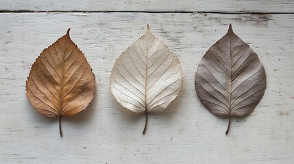Poster - Three Birch Leaves on White Wooden Table : Generative AI