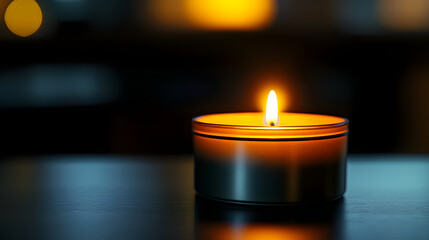 Wall Mural - A close-up of a lit candle on a black table with a blurred background