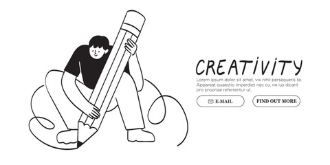 man with large pencil drawing. young person hold big pencil. cute funny isolated character. doodle s