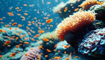 Wall Mural - Vivid 3D closeup of a thriving coral reef filled with small fish, showcasing stunning underwater details and vibrant colors in a realistic graphic design.