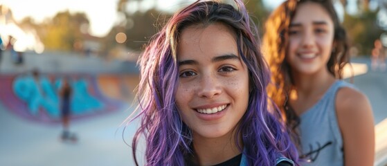 Sticker - A young woman with purple hair smiles brightly. AI.