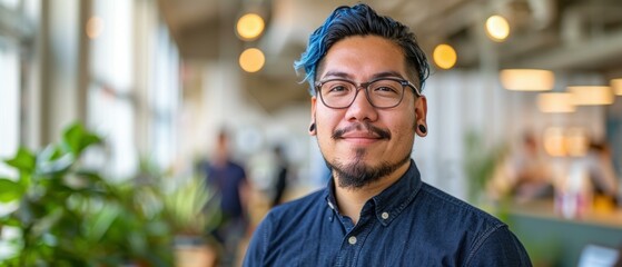 Poster - A man with blue hair and a beard smiles for the camera. AI.