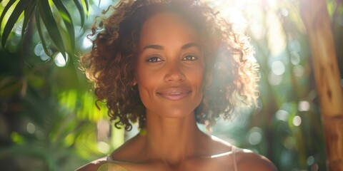 Poster - A woman smiles in a natural setting. AI.