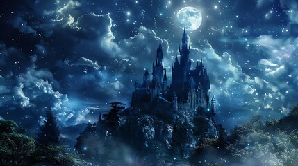 Wall Mural - majestic castle stands tall on a mountaintop bathed in moonlight and a star-studded sky. this view e