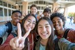 © Natalia - A group of friends smile and pose for a selfie. AI.