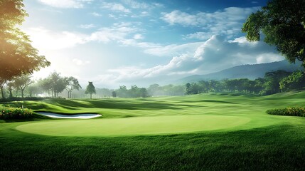 Wall Mural - Green Golf Course with Trees, Clouds, and Mountains in the Background