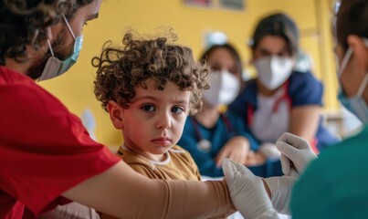 Canvas Print - A young boy receives a medical examination. AI.