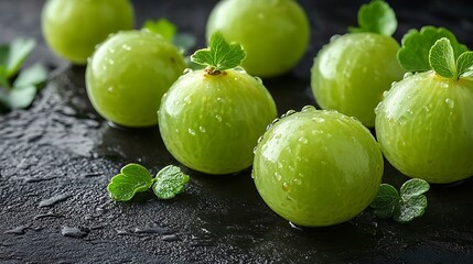 Close-up of green grapes with water droplets and leaves on a black surface.