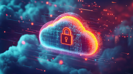 Abstract illustration of cloud security services, stylized cloud icon integrated with a secure padlock symbol, representing data protection and cybersecurity in cloud computing environments.