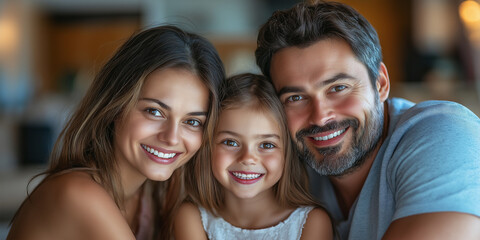 Closeup portrait of couple with their baby Happy smiling family holding baby