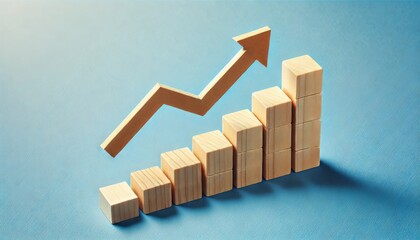 Wooden blocks arranged in a rising bar graph with an upward arrow on a blue background. Business growth and success concept.