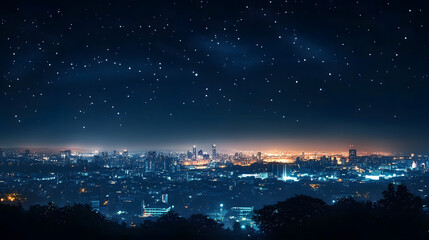 Sticker - a view of a city at night with the stars in the sky and the city lights in the foreground. 