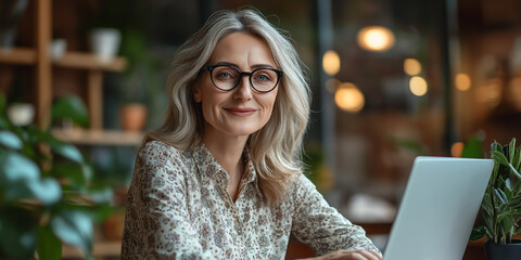 Businesswoman Female Executive using Laptop while standing browsing social networks nad work