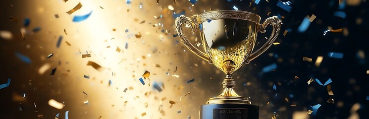 Gold trophy background with serpentine and confetti, copy space