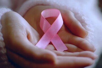 A gentle embrace of a pink ribbon cradled in a hand highlighting awareness and support for health. Health awareness concept