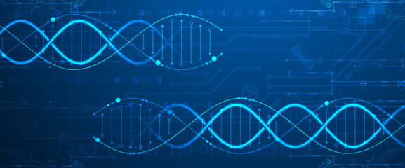 Aufkleber - Scientific and technological background. Image of dna molecule with technological elements. Hand drawn vector.