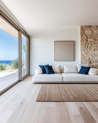 Bright and airy living room with ocean view and neutral decor in a modern coastal home design