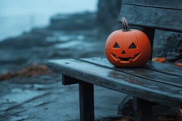 Wall Mural - Scary pumpkin on wooden planks