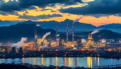 Wall Mural - Industrial landscape at dusk with smokestacks, shimmering water reflections, and a backdrop of majestic mountains and dramatic clouds