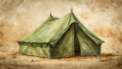 Vintage green military tent in watercolor style on a soft background