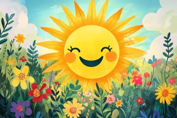 Vibrant illustration of glowing smiley face sun shining over playful cartoon landscape