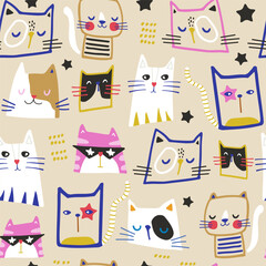 Wall Mural - Seamless childish pattern with cute hand drawn cats. Creative modern kids hand drawn texture for fabric, wrapping, textile, wallpaper, apparel. Vector illustration