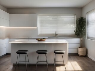 Wall Mural - Modern Kitchen Island with White Cabinets and Black Stools