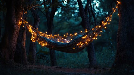 Sticker - A cozy hammock adorned with glowing fairy lights hangs between forest trees at dusk, creating a peaceful, serene atmosphere