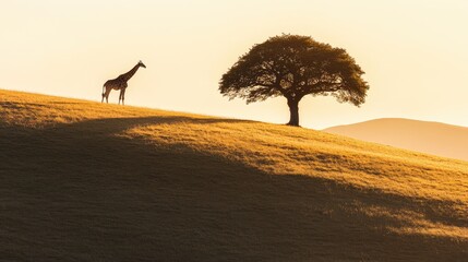 Wall Mural - A large tree standing alone on a hill, with the shadow of a giraffe cast beside it in the golden sunset light. Focus on the light and shadow. No people.