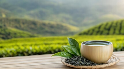 A serene setting featuring a bamboo cup of green tea surrounded by fresh leaves, with lush tea fields in the background.