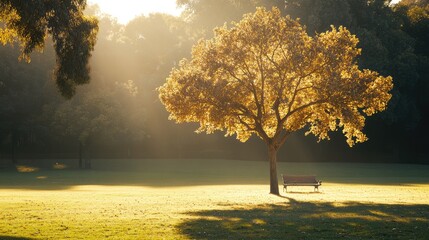 Sticker - A lone tree in a park, casting soft shadows under the golden hour light, with sunlight filtering through its branches. Focus on the light and tree. No people.