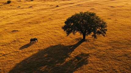 Poster - A lone tree in the savannah, casting a long shadow, with the shadow of an elephant beside it in the warm afternoon light. Focus on shadows and natural light. No people.