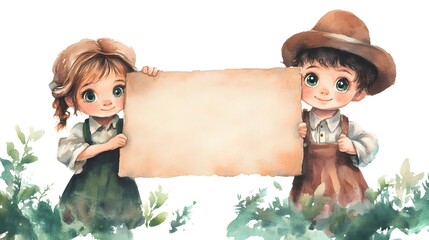 A cute watercolor illustration of two young, adorable children wearing vintage peasant from the American countryside