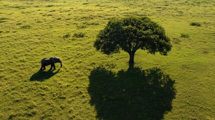 Wall Mural - A single tree in a grassy field, its shadow stretching across the ground, alongside the silhouette of an elephantas shadow. Focus on the interplay of shadows. No people.