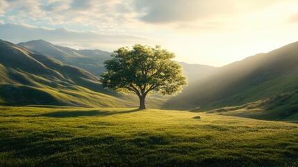 Wall Mural - A single tree in a grassy valley, its shadow stretching out as the sun rises over the hills. Focus on the natural light and tree. No people.