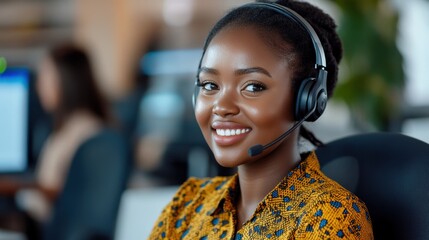 Cheerful customer service agent wearing a headset, providing assistance in a modern office environment with a warm smile.