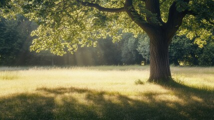 Wall Mural - A tall tree in a meadow, its shadow falling across the grass in the afternoon sun. Focus on the treeas shadow and the warm light. No people.