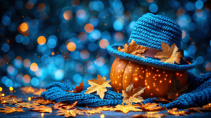 Glowing Pumpkin on a Dim glowing blue Background with Bokeh Effect