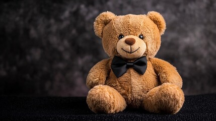 Canvas Print - Plush brown teddy bear with black bowtie on black surface