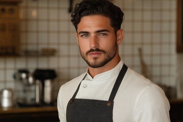 Poster - A man in a chef's uniform stands in front of a kitchen counter. He is wearing a black apron and a white shirt