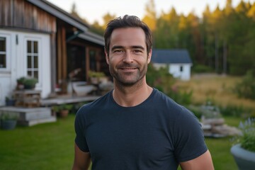 A man is smiling and standing in front of a house. The house has a porch and a yard with trees