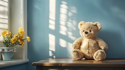 Canvas Print - A Plush Teddy Bear Seated Atop a Wooden Table Beside a Light Blue Wall Within a Sunlit Room