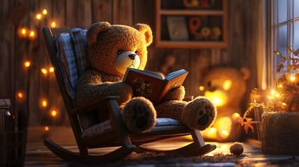 Sticker - A teddy bear sits in a rocking chair, reading a book in a cozy room with a warm glow