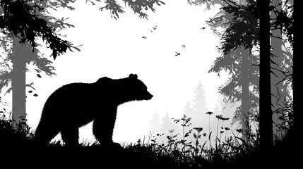 Wall Mural - black and white silhouette of a bear standing in a forest, capturing the essence of wilderness and n