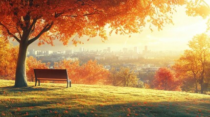 Lonely Bench in autumn Park with city view red and yellow maple trees and blue sky,Autumn forest path,Lawn in autumn city park in Sunny day,Trees with yellow leaves in park,Natural Wallpaper.