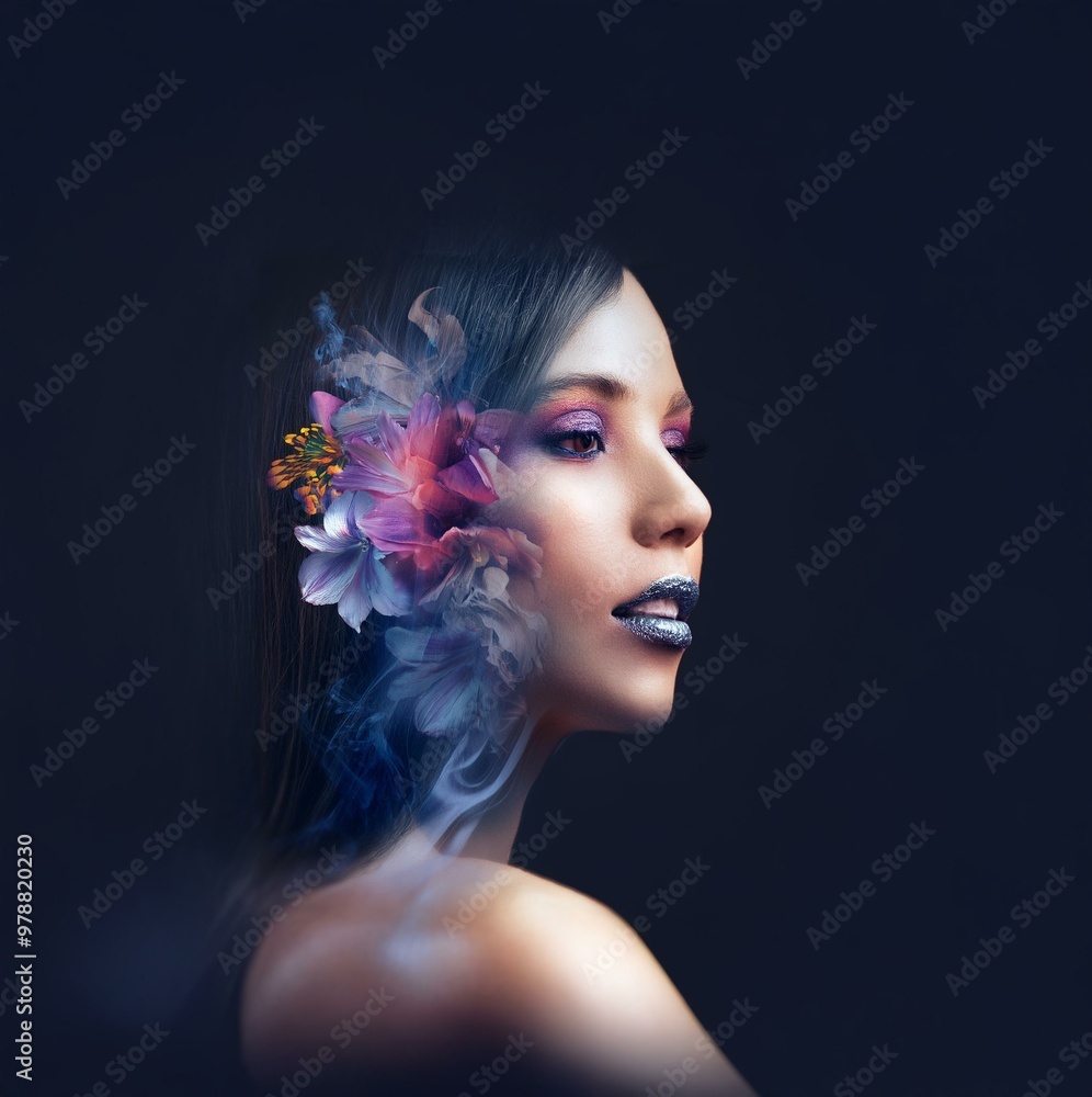A woman's face is partially obscured by a flower and smoke. Her makeup ...