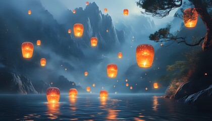 Sticker - Enchanting floating lanterns light up a mystical mountain landscape, creating a magical atmosphere in a tranquil dreamlike setting.