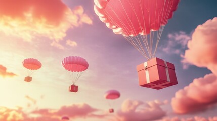 Poster - A Box flying on a parachute with pink cloud,vector illustration of package flying down from sky and cloud with parachute, concept for delivery service,shopping online,air delivery service.