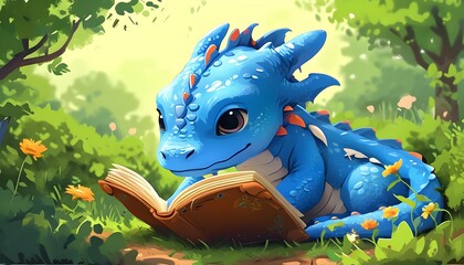 Adorable blue dragon immersed in reading a book amid a lush garden, vibrant greenery, whimsical cartoon illustration, fantasy charm.