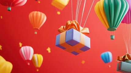 Canvas Print - A Box flying on a parachute on red background,vector illustration of package flying down from sky and cloud with parachute,concept for delivery service,shopping online,air delivery service.